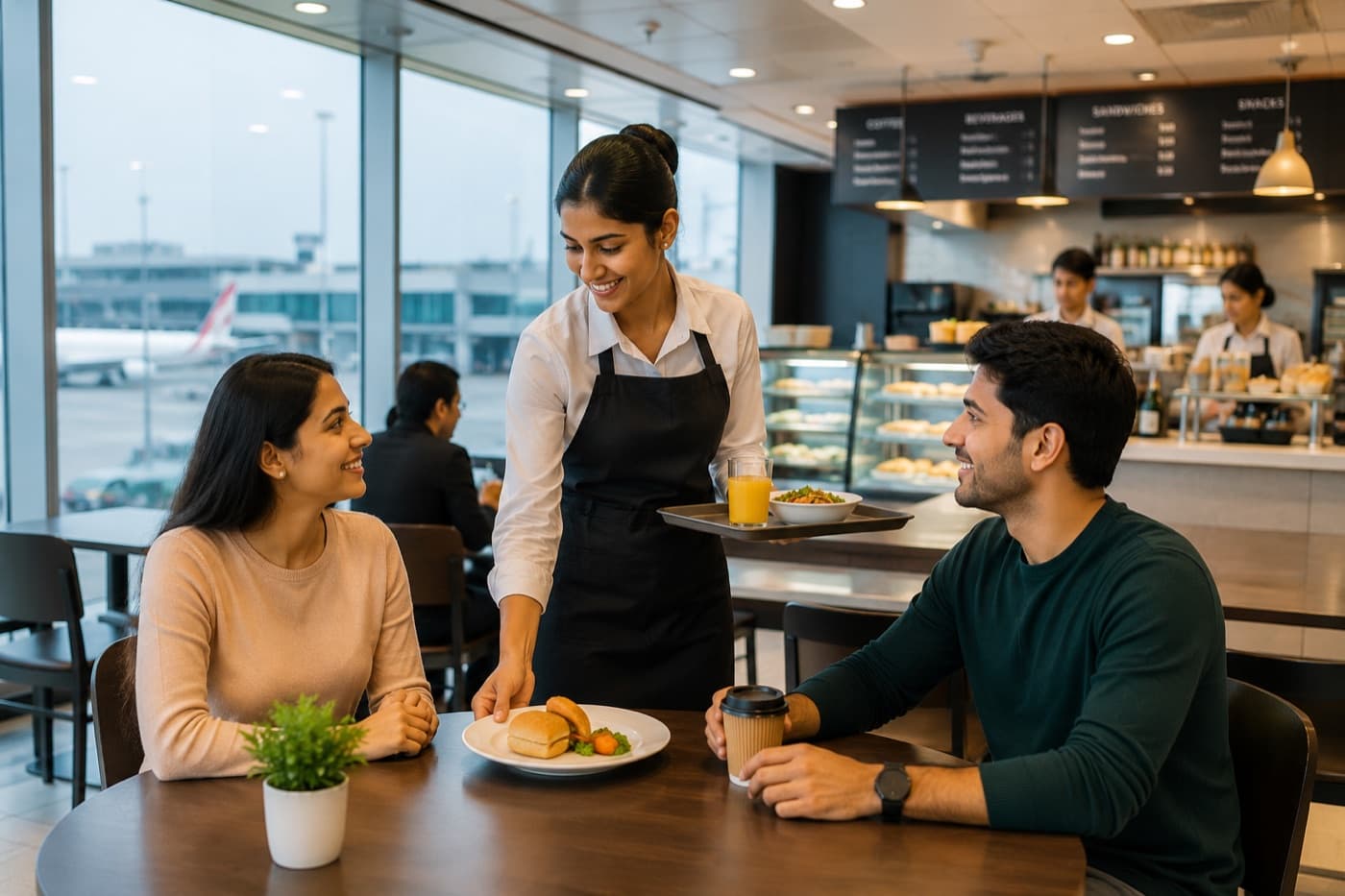 A server bringing an order to passengers in an airport cafe