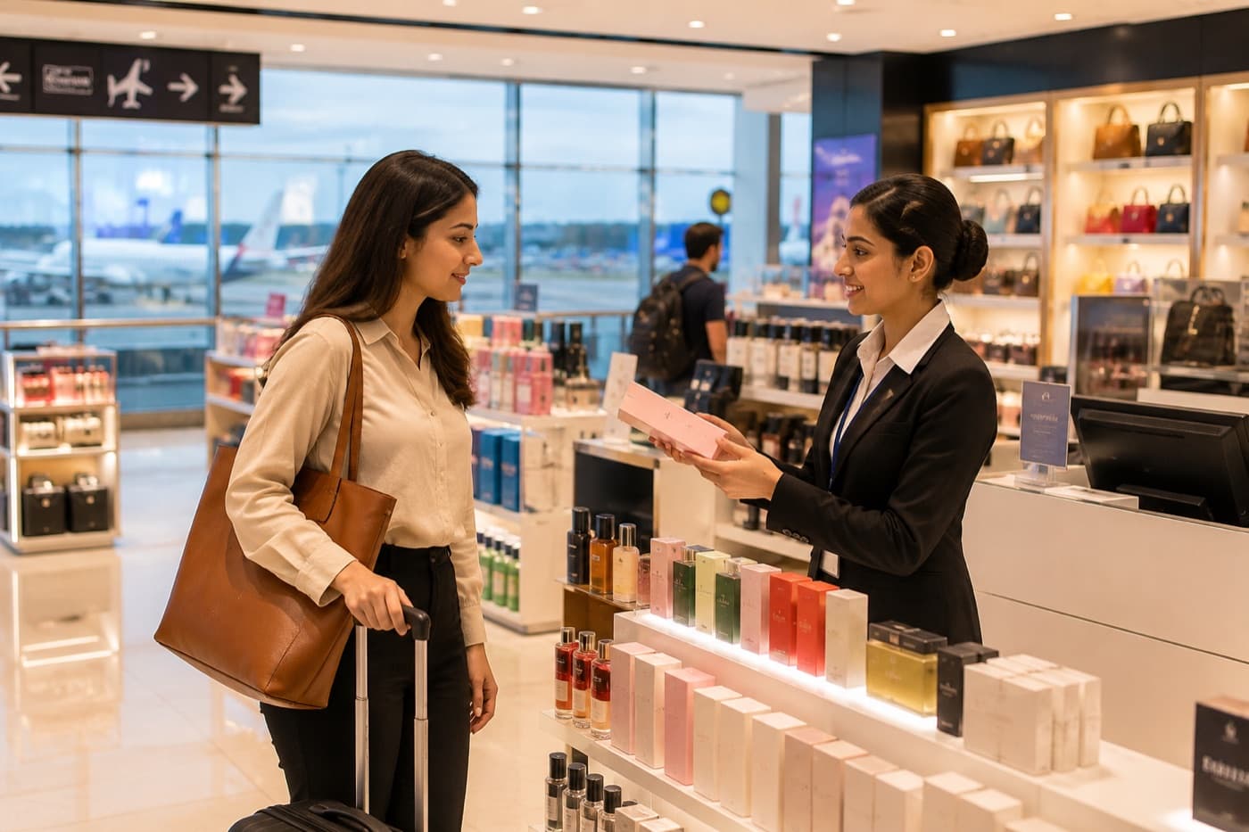 A retail assistant serving a passenger at an airport duty-free counter