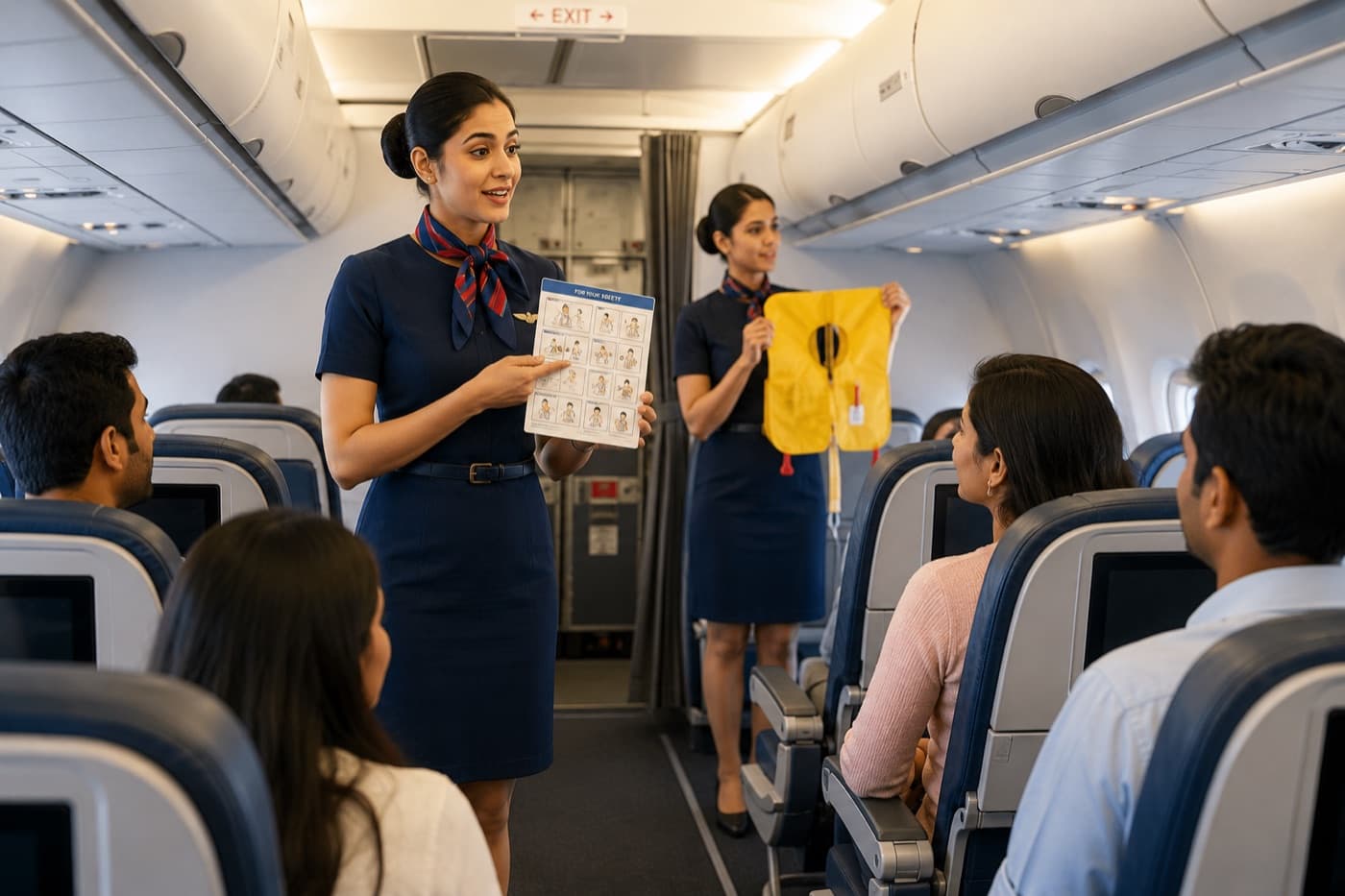 Cabin crew delivering the pre-flight safety demonstration