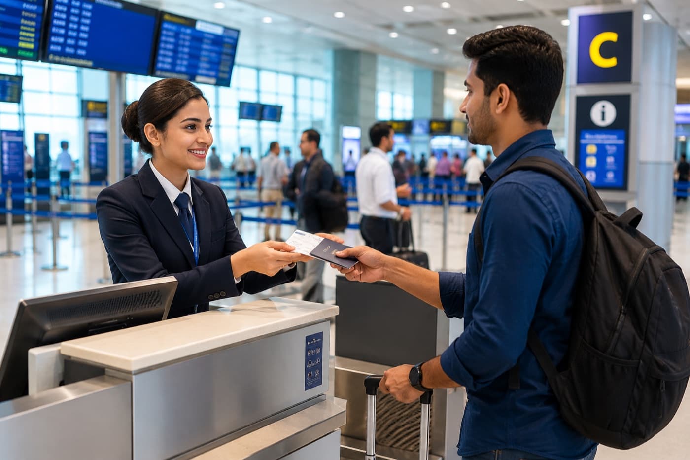 A ground staff agent handing back a boarding pass at the check-in counter
