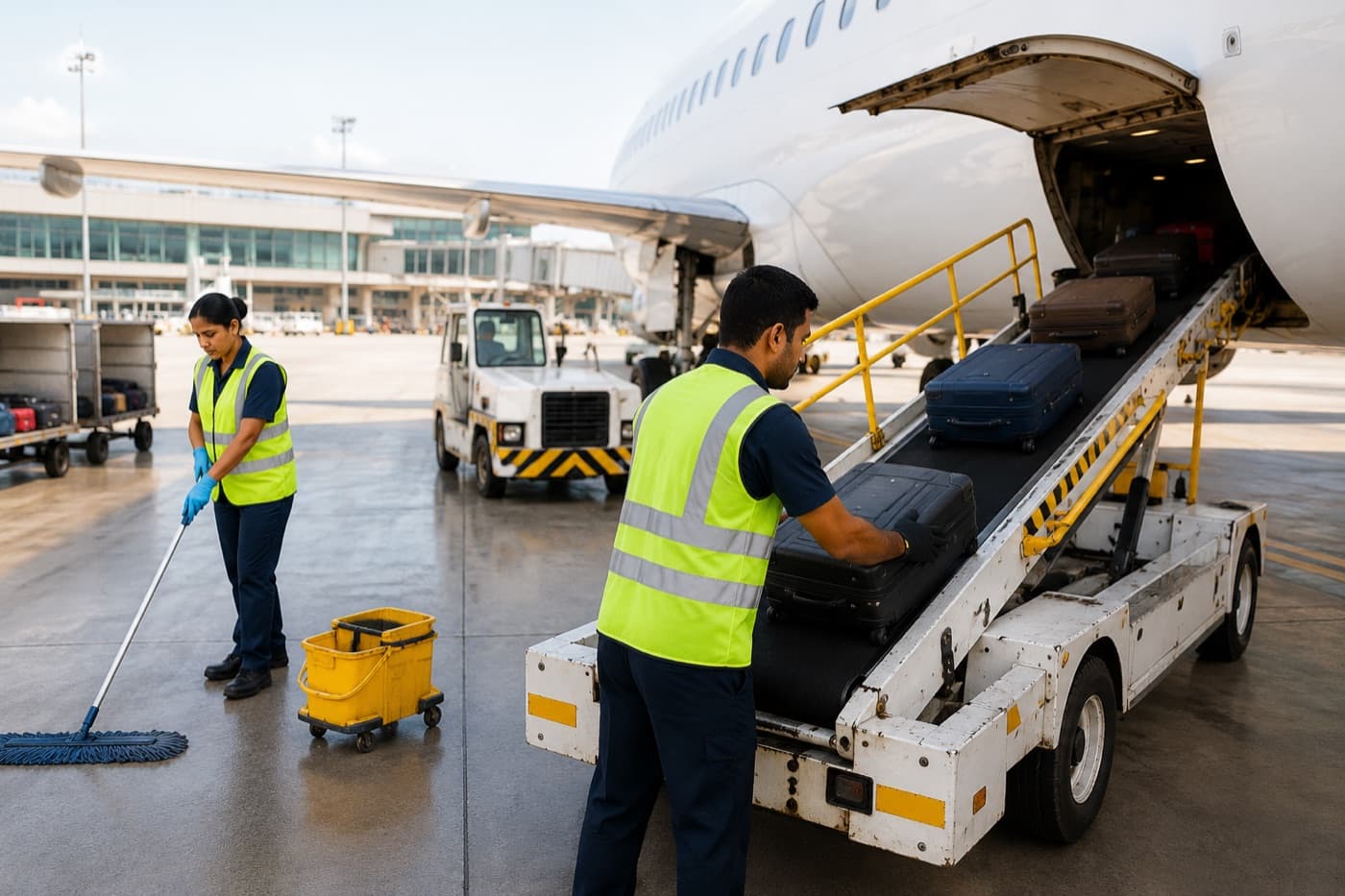 A loader working the baggage belt while a housekeeper cleans the apron