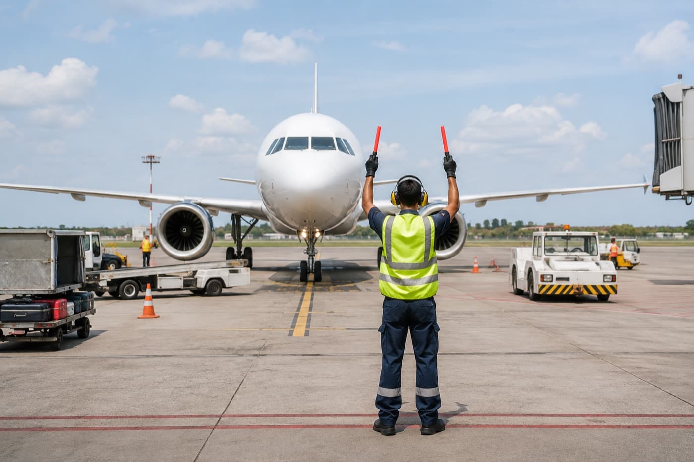 A marshaller guiding an aircraft onto stand as the ramp team works alongside