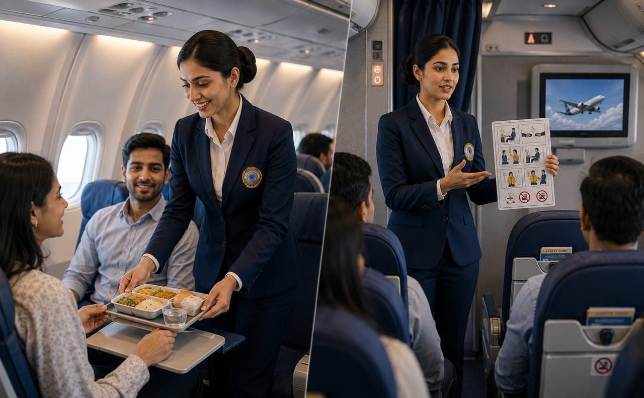 BAS-trained cabin crew serving passengers and delivering the safety briefing