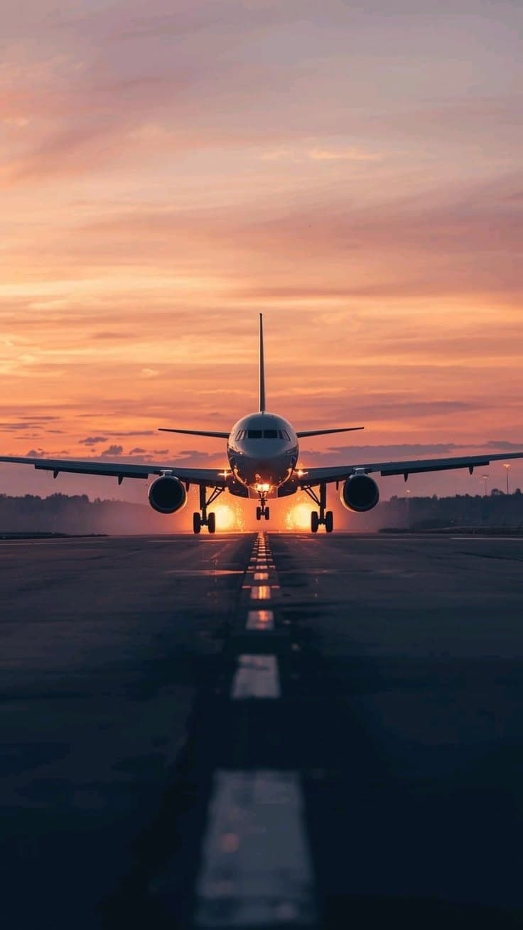 An aircraft touching down at sunset